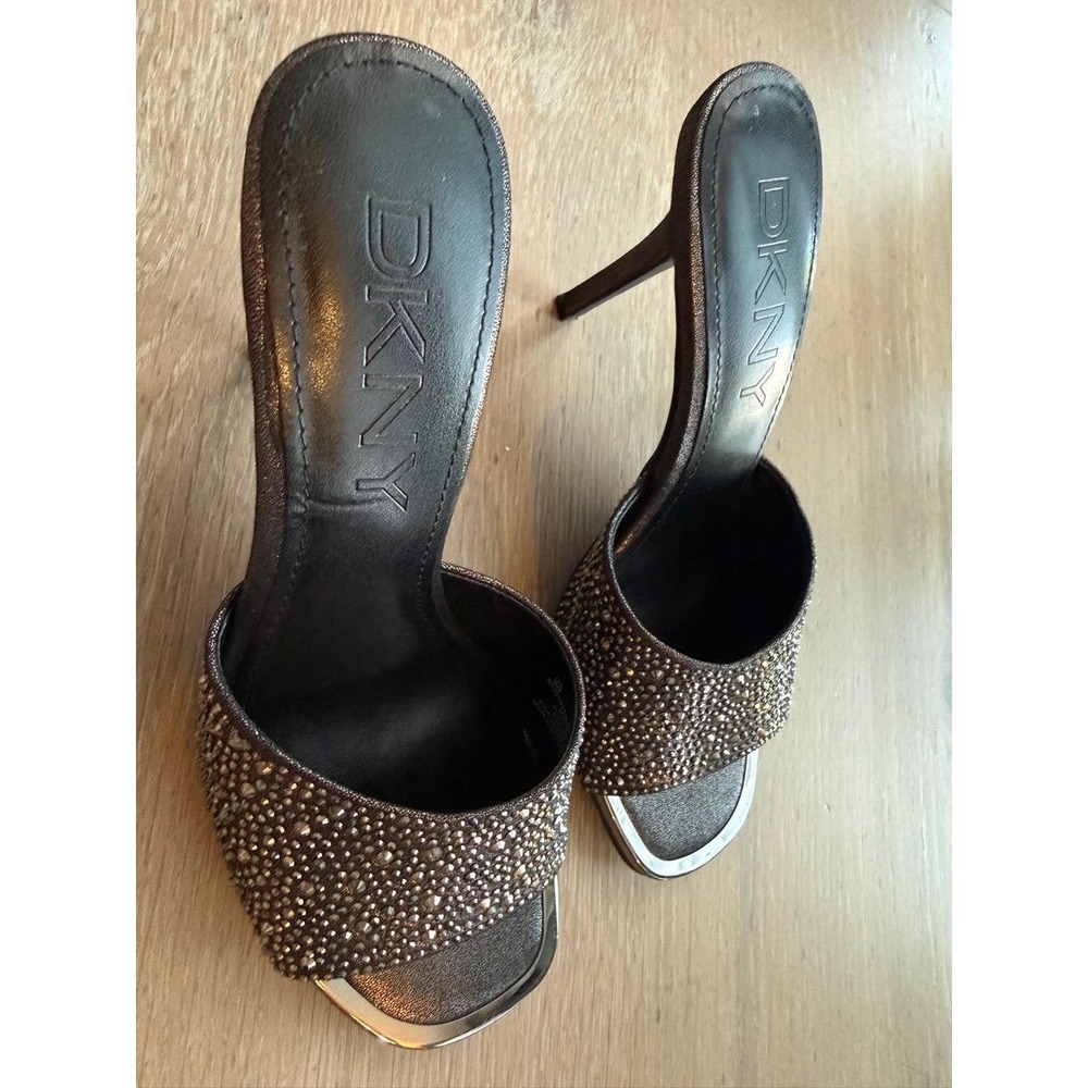 DKNY Womens 6M Metallic Gray Rhinestone Stiletto Mules Open Toe Slip On Heels